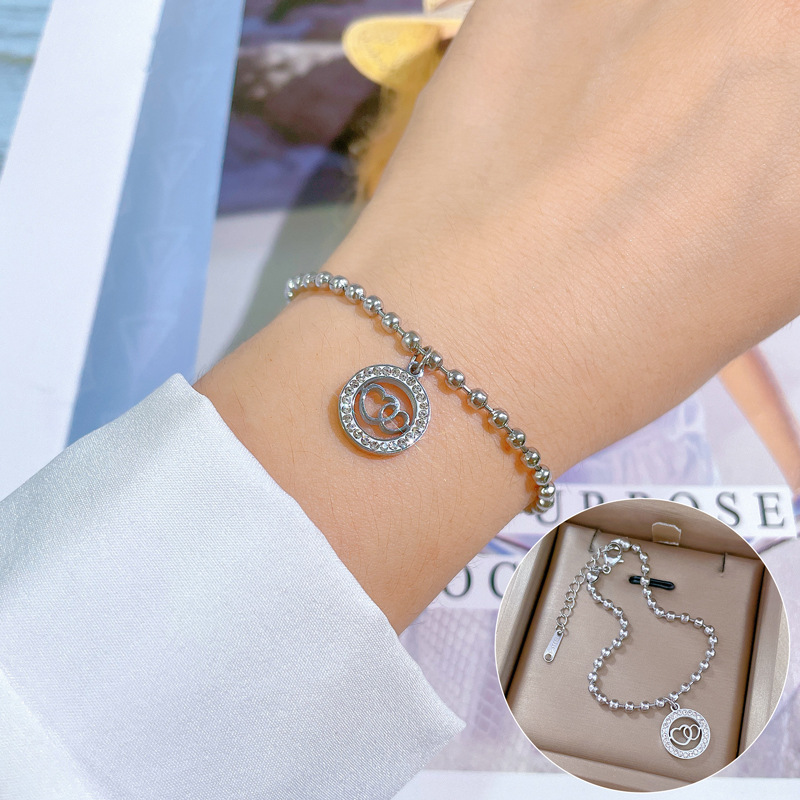 【 All-titanium Steel 】 Dongdaemun Personalized round Bead Double-ring heart-shaped bracelet, a retro birthday gift for female Internet celebrities and best friends details Picture