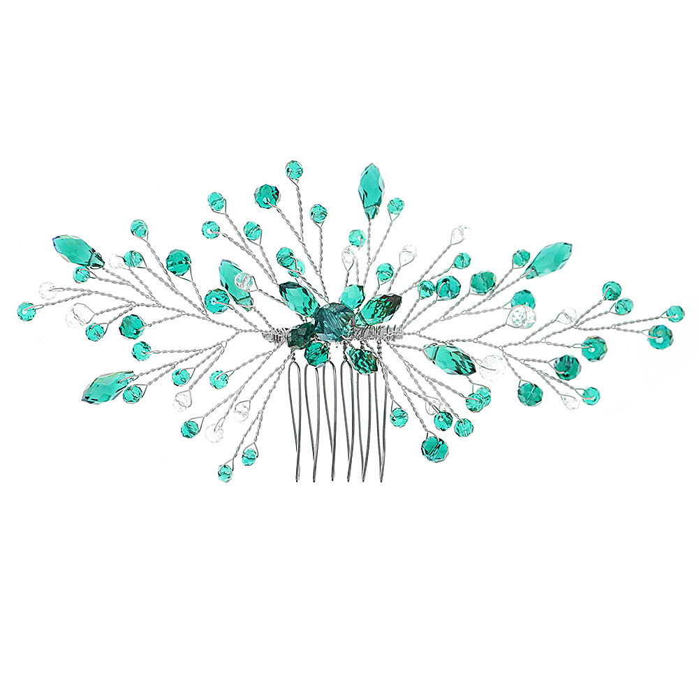 European and American fashionable bride headwear, banquet wedding dress and evening gown accessories, water diamond insert comb, Amazon creative green crystal hair comb Item Picture