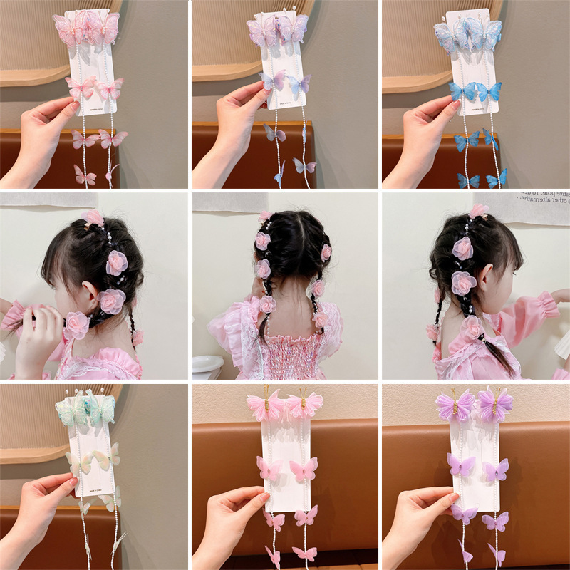 Children's tassel butterfly hair clips, super fairy pearl girls' braided hair chain headwear, little girls' hair bands, braided hair accessories for girls full figure
