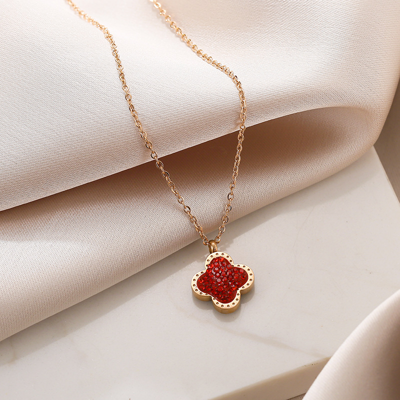 Korean version 18k rose gold full diamond double-sided four-leaf clover necklace, women's titanium steel non-fading light luxury trendy collarbone chain Specification drawing