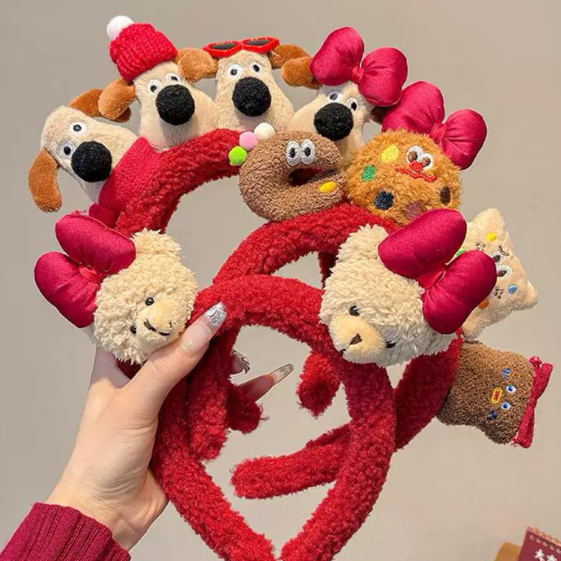 Autumn and winter red furry dog hair band, women's hair pressing and face washing headband, cute and girlish New Year hair tie headwear details Picture