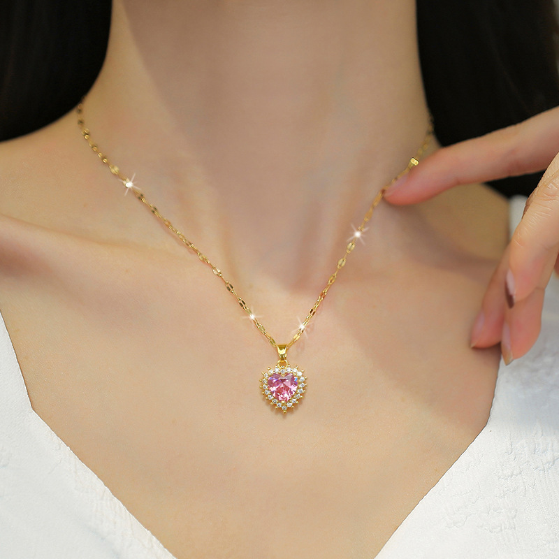 【 Titanium Steel 】 Full Diamond Heart Necklace Earring set, Light luxury, slightly inset, personalized and elegant banquet ear and neckpiece combination details Picture