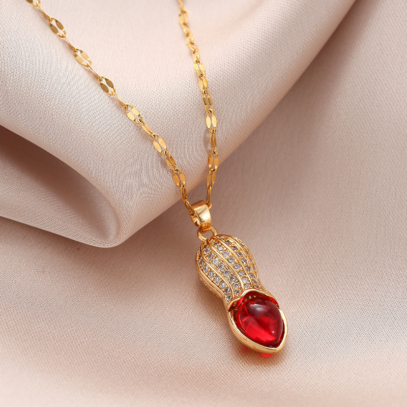 Red crystal zircon peanut necklace for attracting wealth, 18k titanium steel plated with gold, luxurious diamond-encrusted collarbone chain accessory details Picture