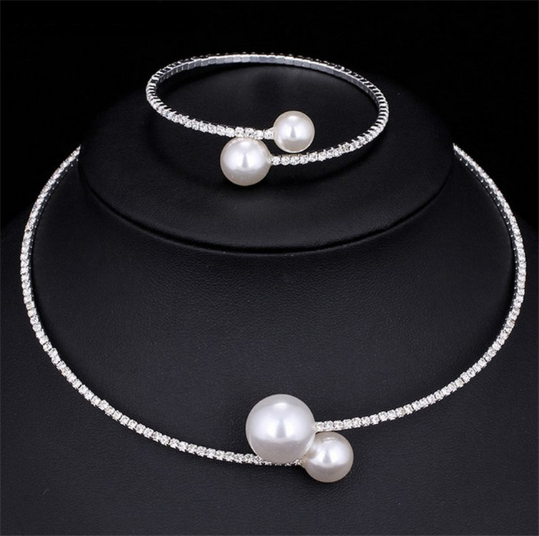 European and American fashionable, shiny rhinestone and pearl necklace, adjustable opening bracelet, bridal set accessory N4868 full figure