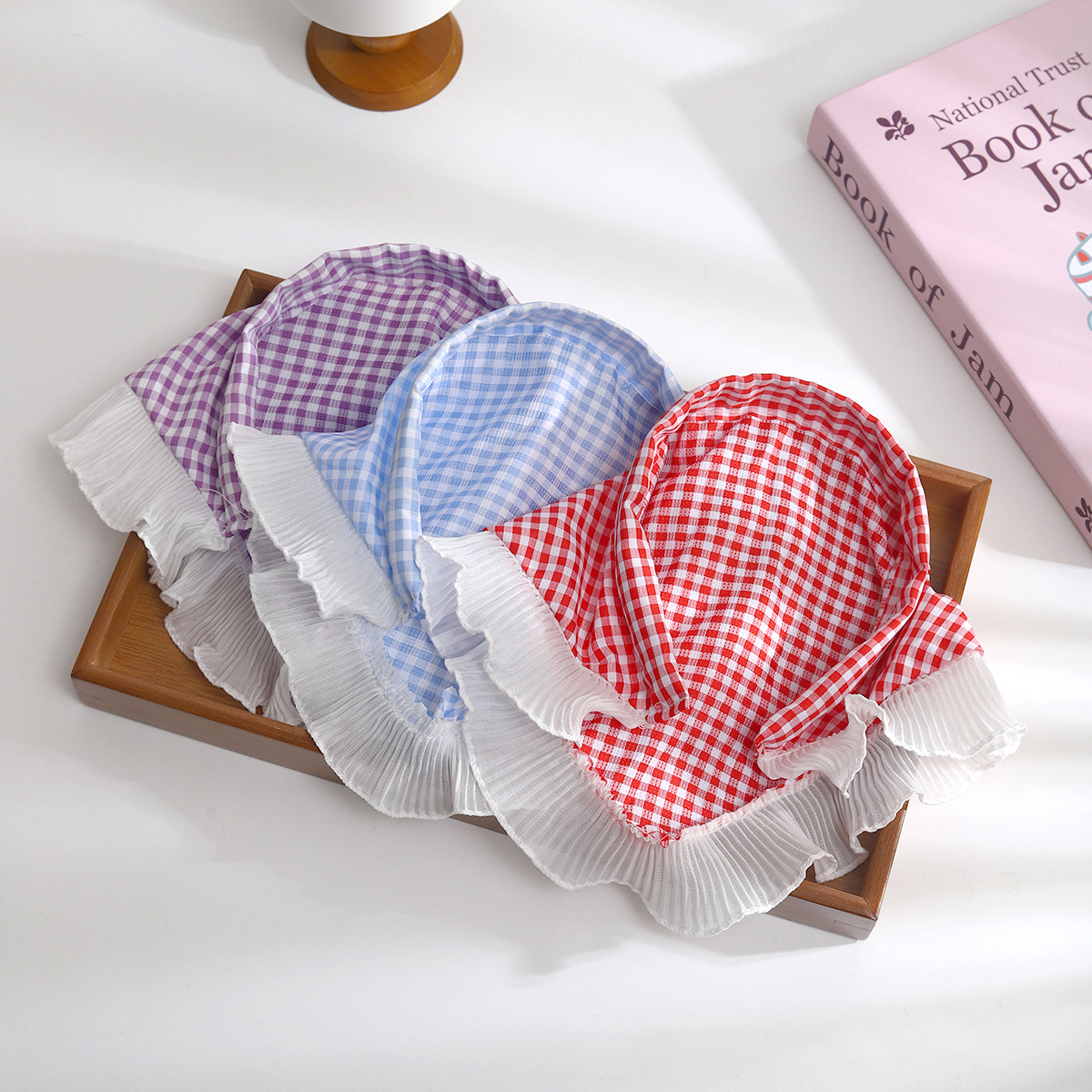 Children's colorful checkered headscarf and hair band integrated, women's special lace-trimmed triangular scarf, cute baby headband and hair clip full figure
