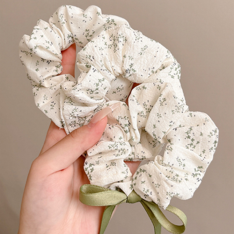 New spring and summer red bean paste green fresh floral large intestine hair band, pure cotton bow webbing teenage hair rope headwear for girls Application Scenario