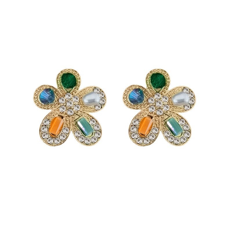 Light luxury and niche sparkling diamond-encrusted colorful flower earrings, retro court-style five-pointed star stud earrings, the same style of earrings as Internet celebrities Item Picture