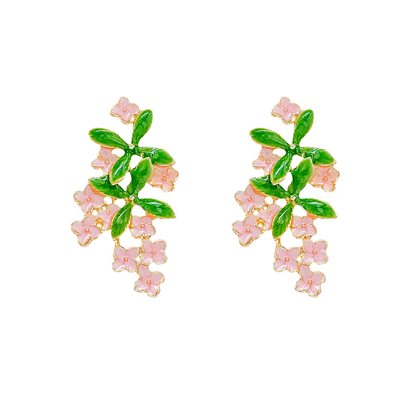 Country-style glazed leaf and flower earrings, women's forest-themed fresh and delicate floral stud earrings, personalized and high-end earrings and earrings Item Picture