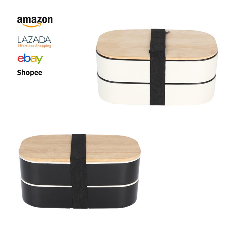 Japanese-style wooden lid double-layer portable lunch box, microwave-safe compartment-insulated lunch box, wheat bellflower sealed lunch box full figure