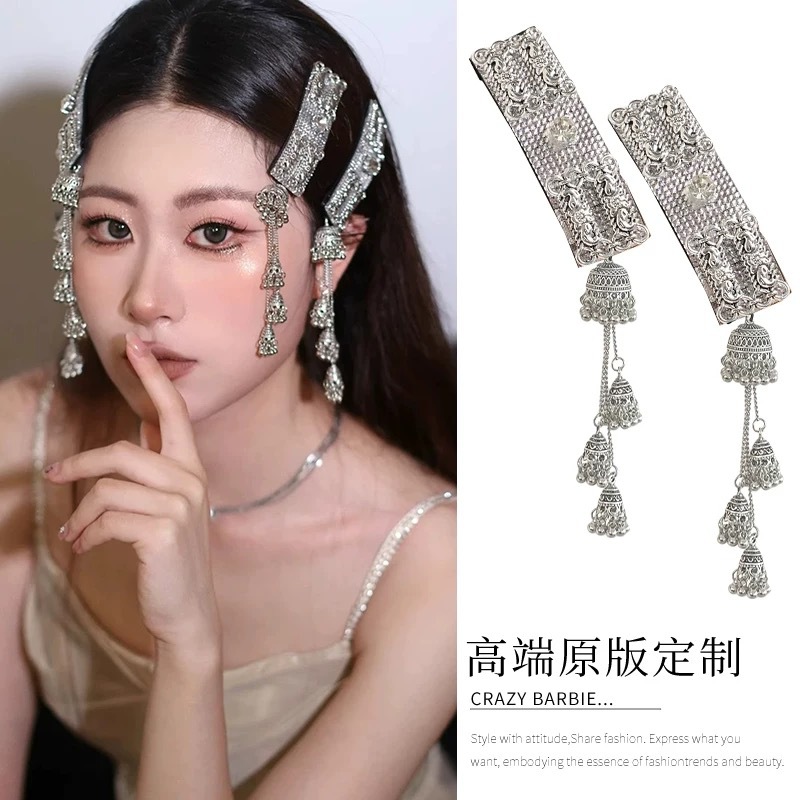 The same silver tassel bell-shaped hair accessory and headwear as Yi Mengling, ethnic style hair clips, bangs clips and high-end hairpins Specification drawing