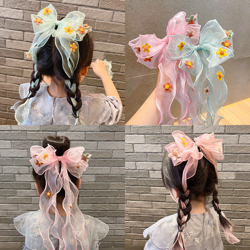 Children's hair accessories, flower bows, ribbon hair clips, girls' braided hair nets, gauze hair clips, princess summer super fairy-like hair bands for girls Specification drawing
