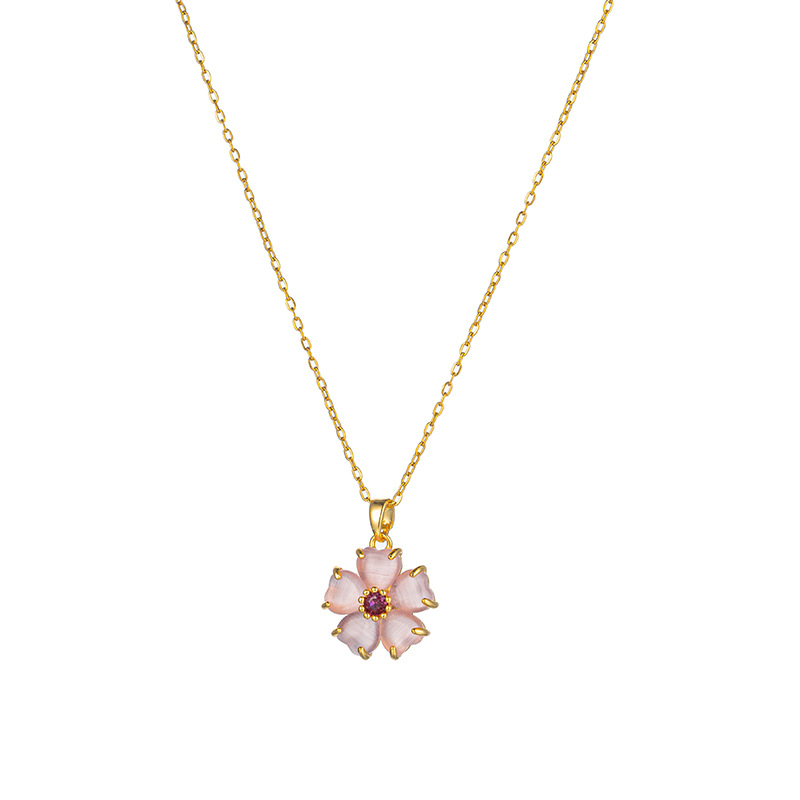 Wholesale of simple pink cherry blossom pendant titanium steel necklace with a unique design sense for women, cat's eye stone flower collarbone chain Item Picture