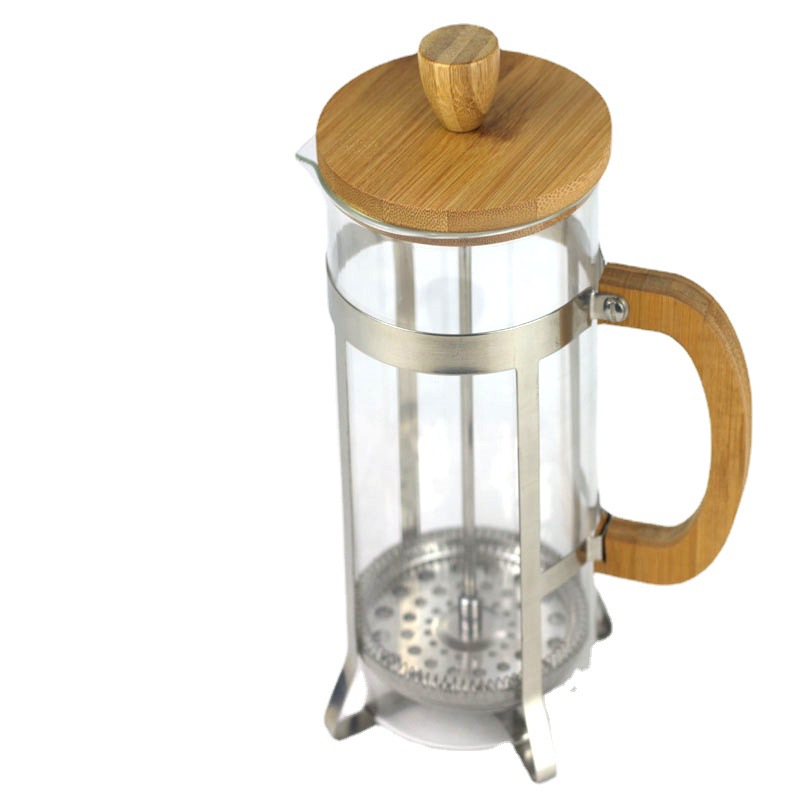Bamboo and wood lid glass French press, household French filter press heat-resistant high borosilicate coffee pot, American-style utensils glass measuring cup Item Picture