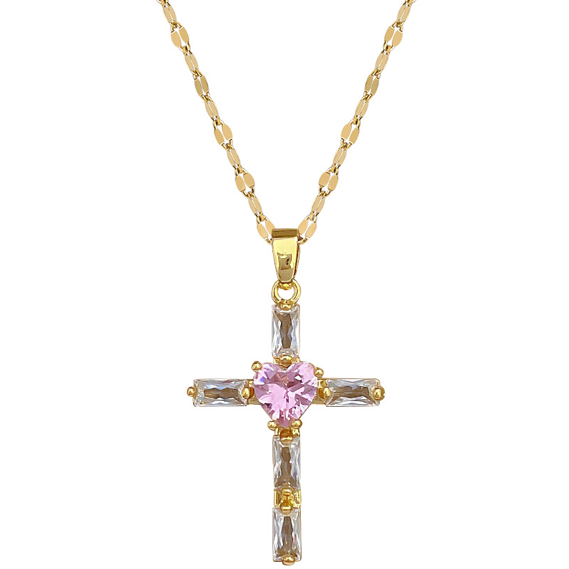 【 Titanium Steel 】 Pink cross, light luxury, luxurious, full diamond necklace, versatile collarbone chain, titanium steel chain for women Item Picture