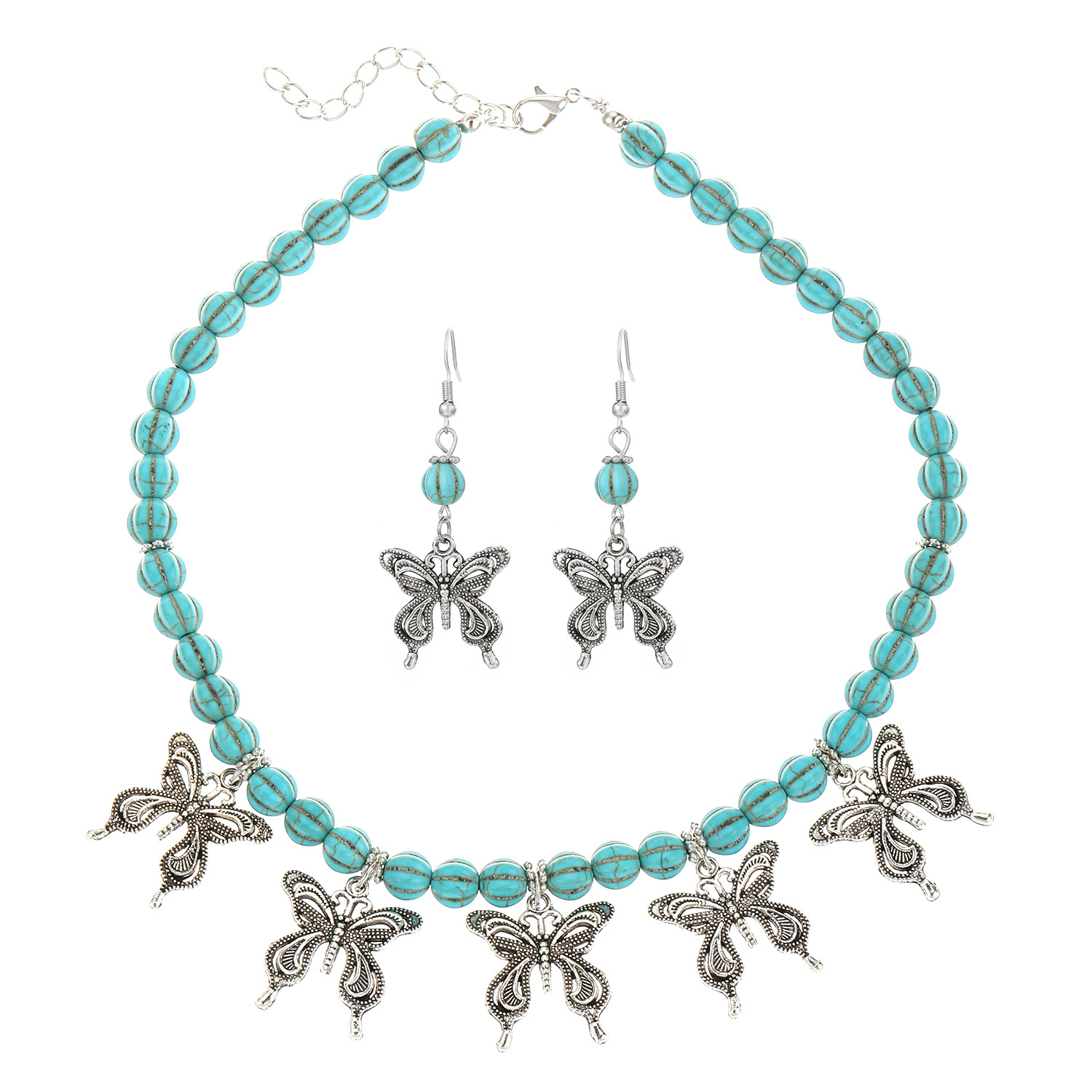 European and American turquoise spliced necklace, retro heart-shaped earrings, necklace jewelry set, Bohemian cross-border accessories Item Picture