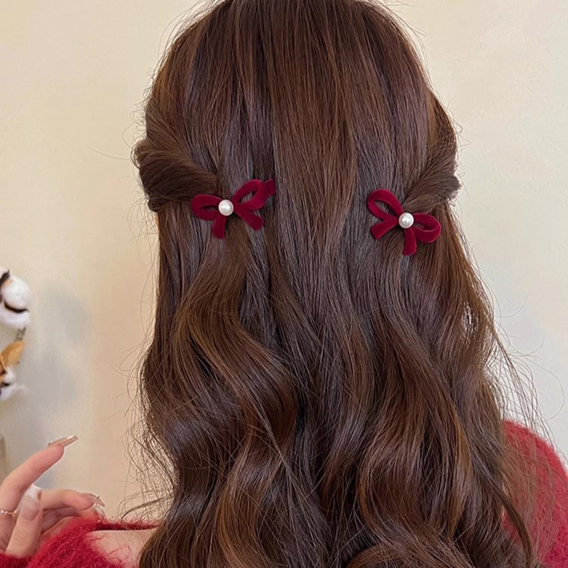 Velvet bow, small hairpin, retro feminine charm, bangs, broken hair, duckbill clip, sweet forehead, pearl side clip Specification drawing