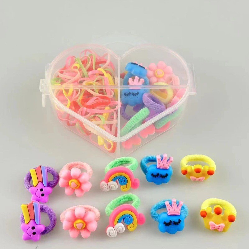 A cute children's headband with a heart-shaped colorful box of cartoon little flower grab-and-hold macaron-colored high-elasticity disposable rubber band Specification drawing