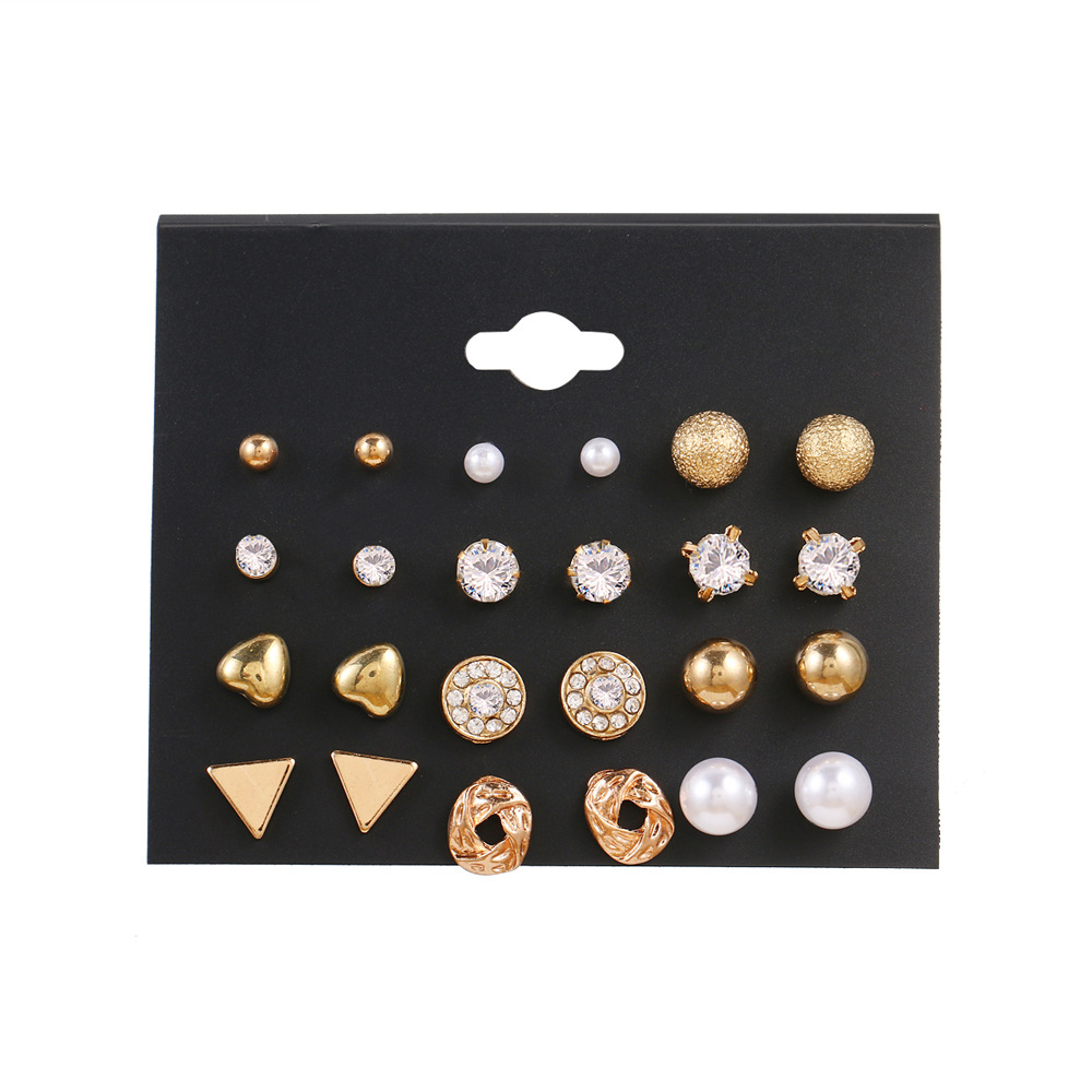 European and American cross-border stud earring set, 12 pairs of stud earrings, zircon heart triangle diamond earrings, retro stud earrings wholesale Item Picture