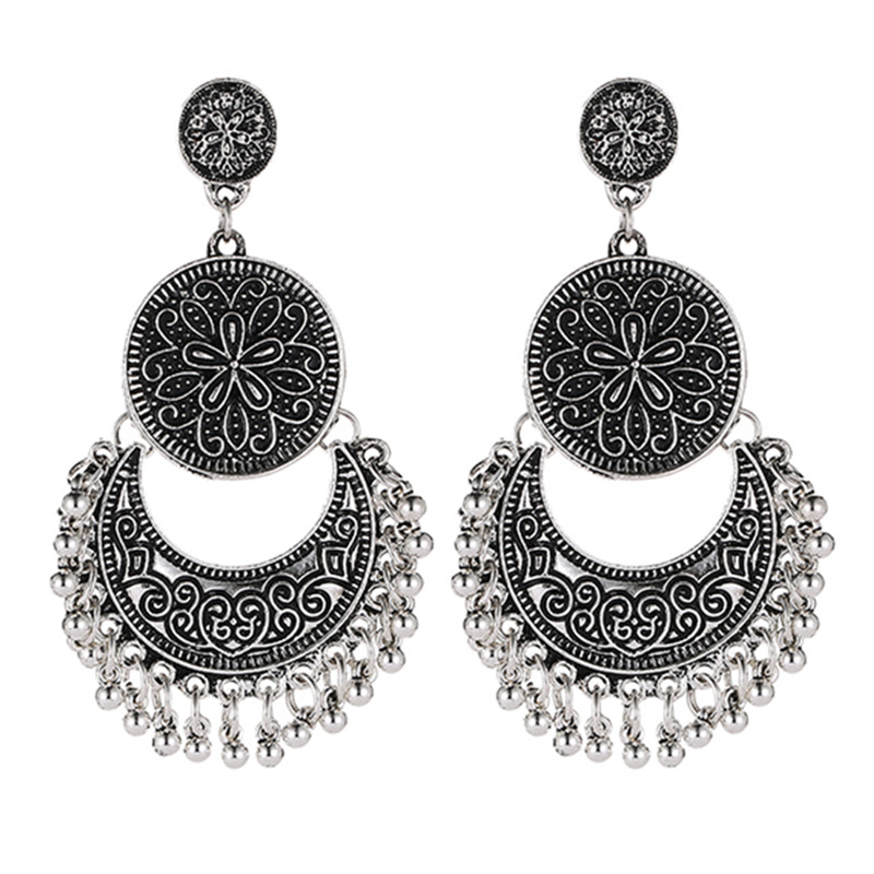 European and American retro hollowed-out crescent tassel earrings, Bohemian sun and moon shaped carved round bead tassel women's earrings Item Picture