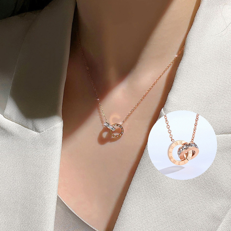 Titanium steel necklace for women, Korean version Roman numeral double ring pendant, ins trendy diamond-encrusted collarbone chain, personalized design sense necklace full figure