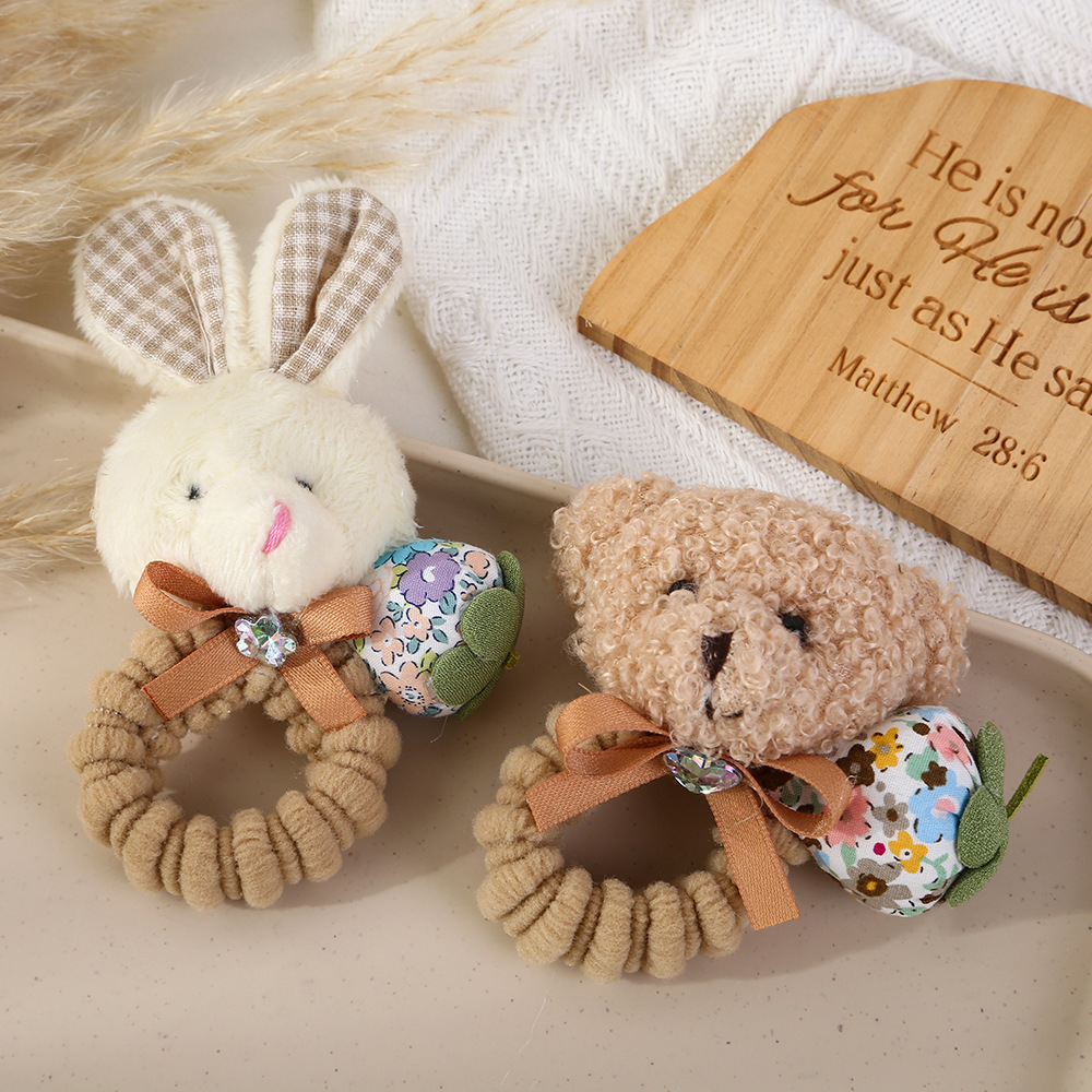 Cute plush rabbit hair tie for children, little bear hair band for girls, high elasticity, baby hair won't hurt, hair tie for girls details Picture