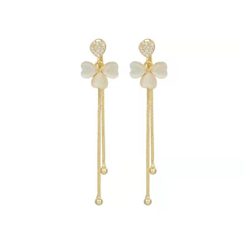 Elegant long cat's eye stone petal earrings for women, high-end and versatile ear studs for autumn and winter, light luxury and stylish Suzhou earrings wholesale Item Picture