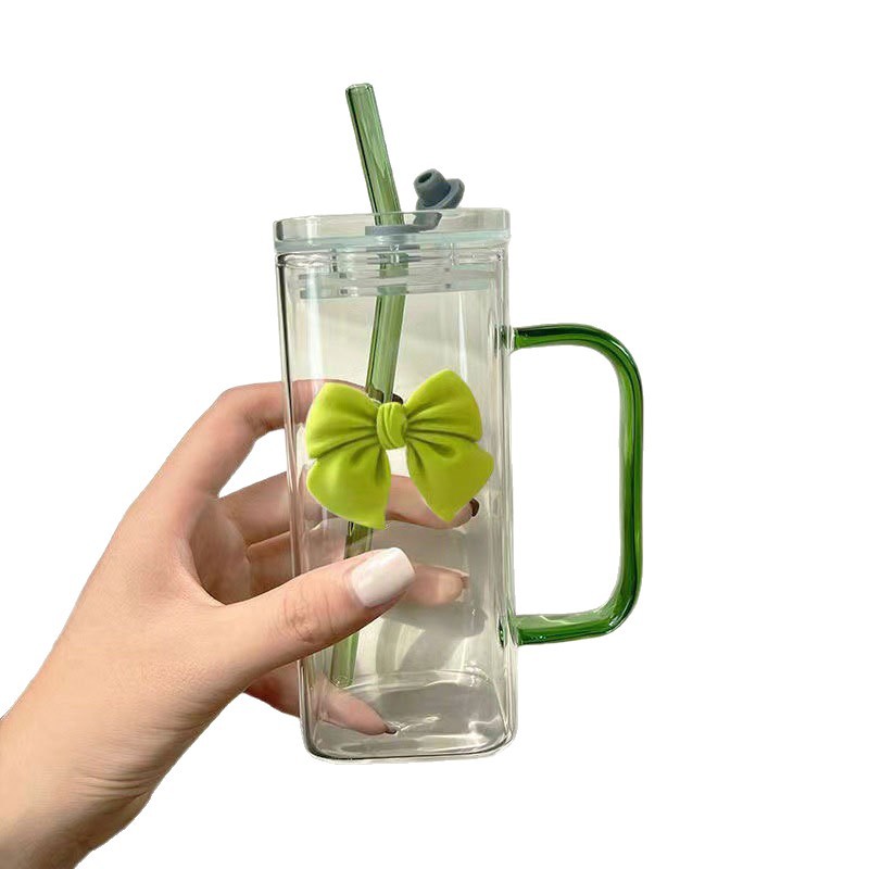 Square glass cup, cartoon household simple ins, high appearance level, straw water cup, women's high-temperature resistant flat bottom, colorful cup Item Picture