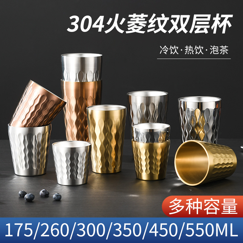 Cross-border creative Korean-style double-layered beer mug logo fire diamond pattern coffee cup, 304 stainless steel outdoor water cup full figure