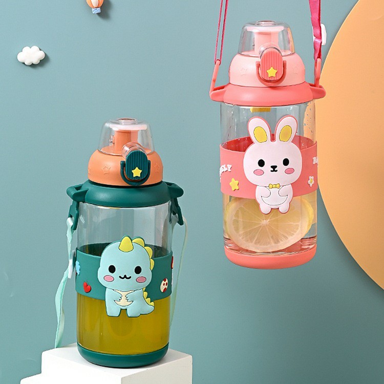 Children's plastic straw direct drinking water cup, summer primary school sports water bottle, cute portable anti-drop cup for girls' kindergarten Specification drawing