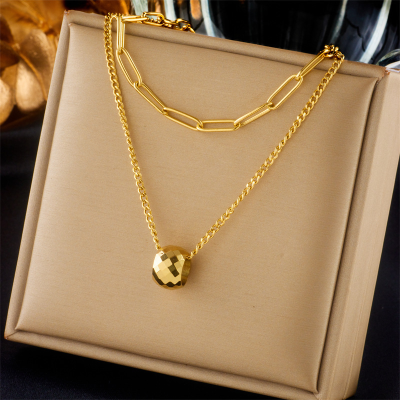 European and American fashion style, simple, light luxury, high-end double-layer overlapping cut surface round bead pendant chain titanium steel metal necklace full figure