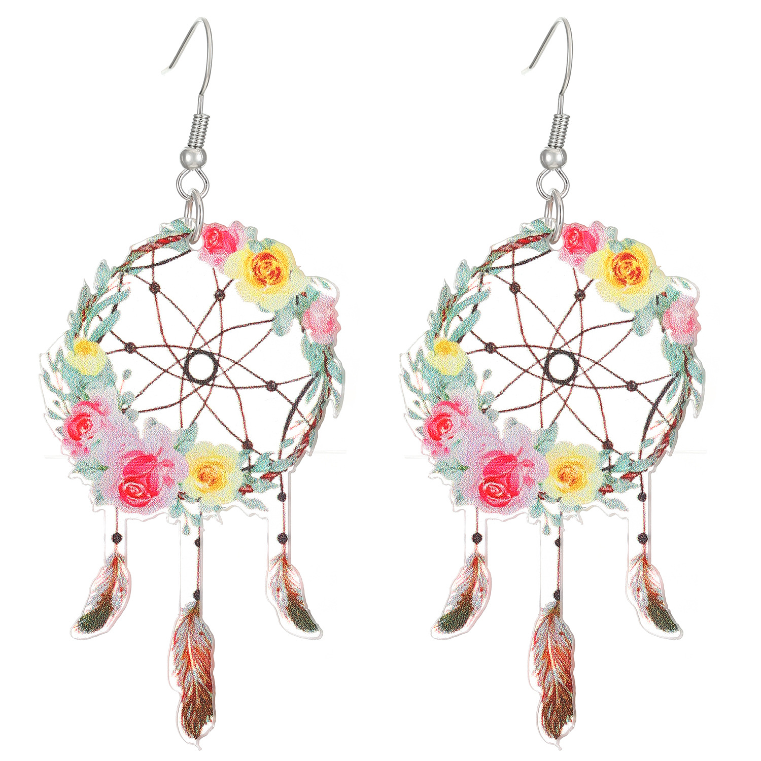 European and American Bohemian ethnic style sunflower flower earrings, feather dreamcatcher earrings, acrylic earrings for women Item Picture