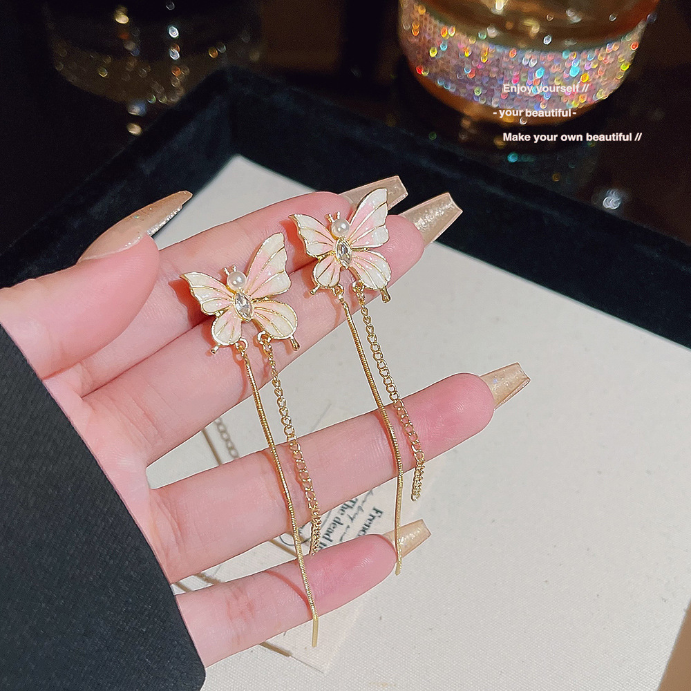S925 Silver Needle French Romantic and Fresh Earrings, summer high-end stud earrings, light luxury style butterfly tassel earrings Specification drawing