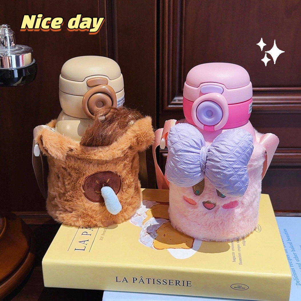 Cute plush children's insulated cup, cartoon portable anti-drop straw cup, stainless steel kindergarten water cup with high appearance level Specification drawing