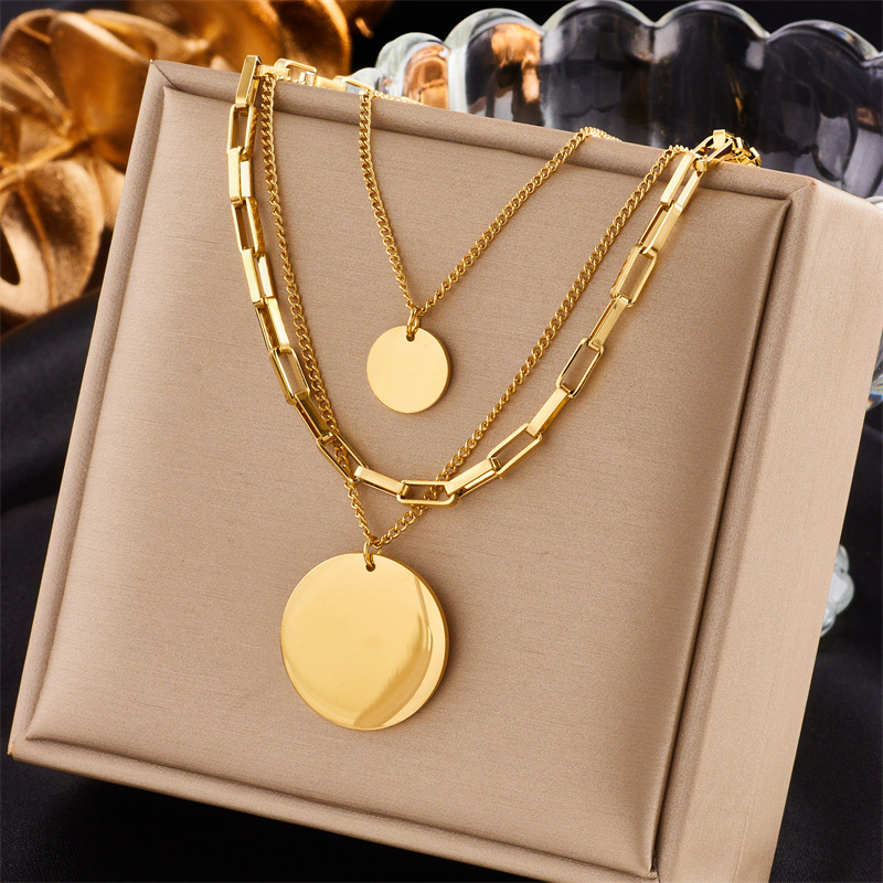 European and American cross-border fashion, versatile, simple and elegant, cold style titanium steel multi-layer round pendant chain necklace full figure