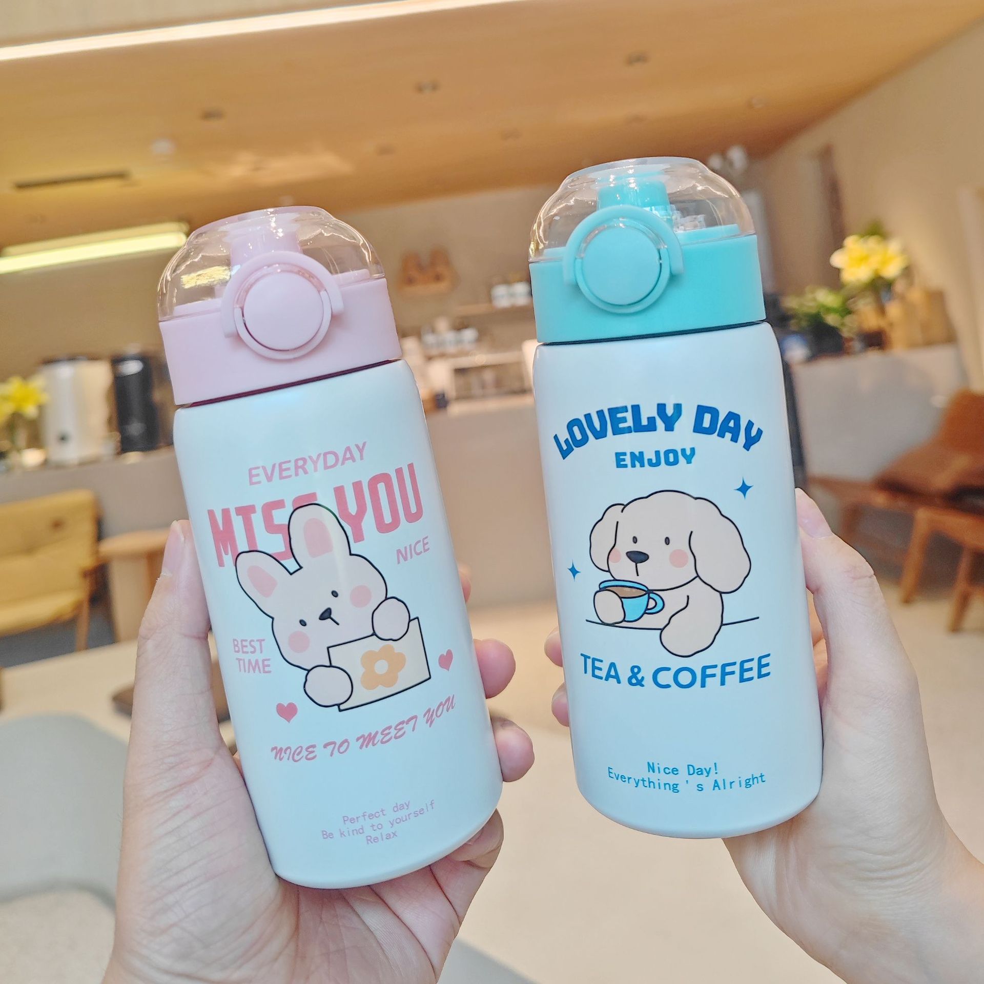 Wholesale of new cartoon insulated cups, cute student portable straw cups, hand-held stainless steel spring lid couple cups full figure
