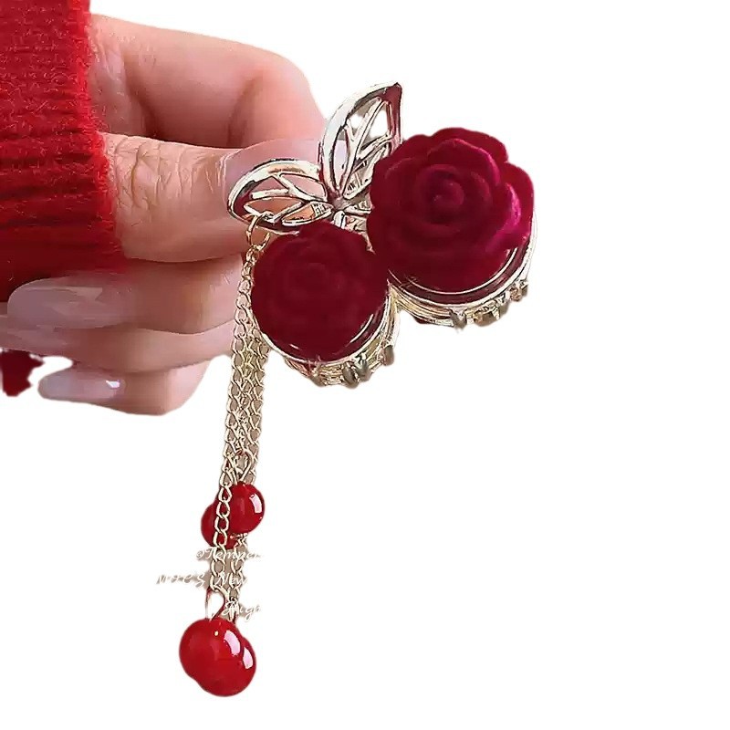 Red velvet rose pinch women's 2024 new high-end back hairpin, updo, shark clip headwear Item Picture