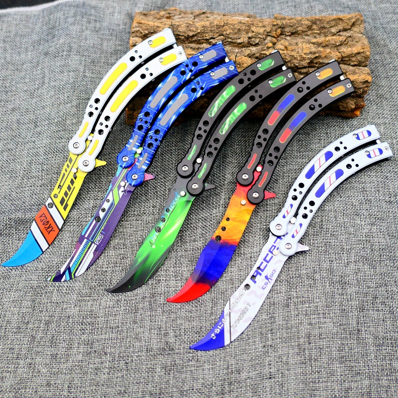 CSGO butterfly knife from the manufacturer, all-steel outdoor folding 3D swing practice, uncut blade freestyle training, titanium alloy curved knife details Picture