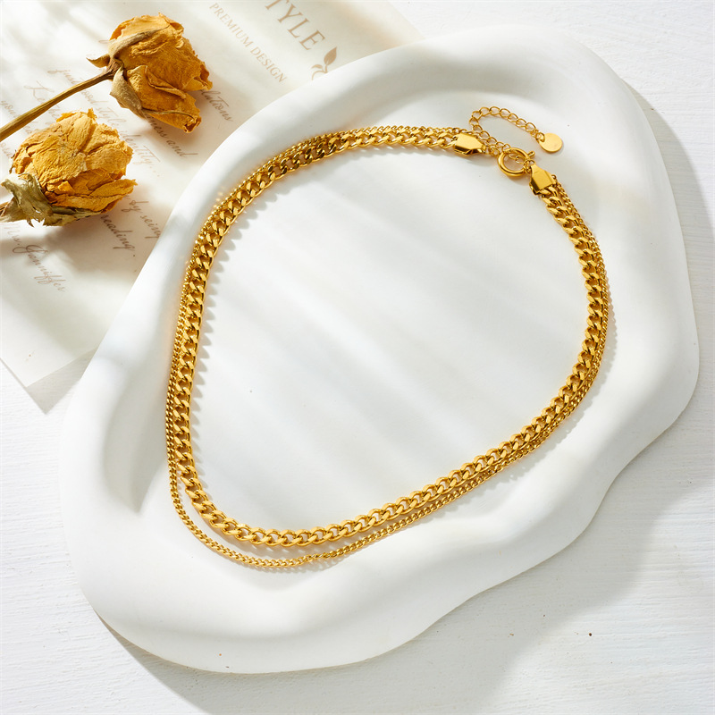 European and American fashionable, simple punk hip-hop double-layer stacked chain gold-plated stainless steel women's jewelry necklace Specification drawing