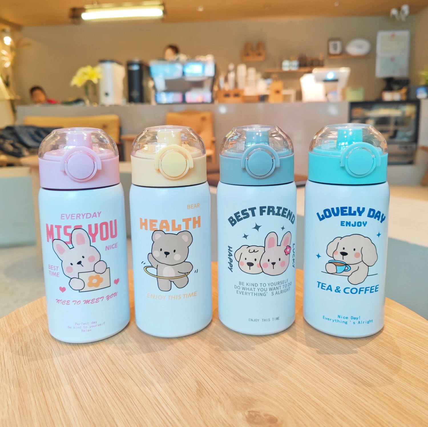 Wholesale of new cartoon insulated cups, cute student portable straw cups, hand-held stainless steel spring lid couple cups details Picture