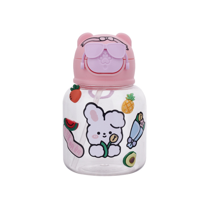 New fashionable and cute plastic water cups for students, boys, girls and children, large-capacity glasses, bear bouncing cartoon straw cups Item Picture