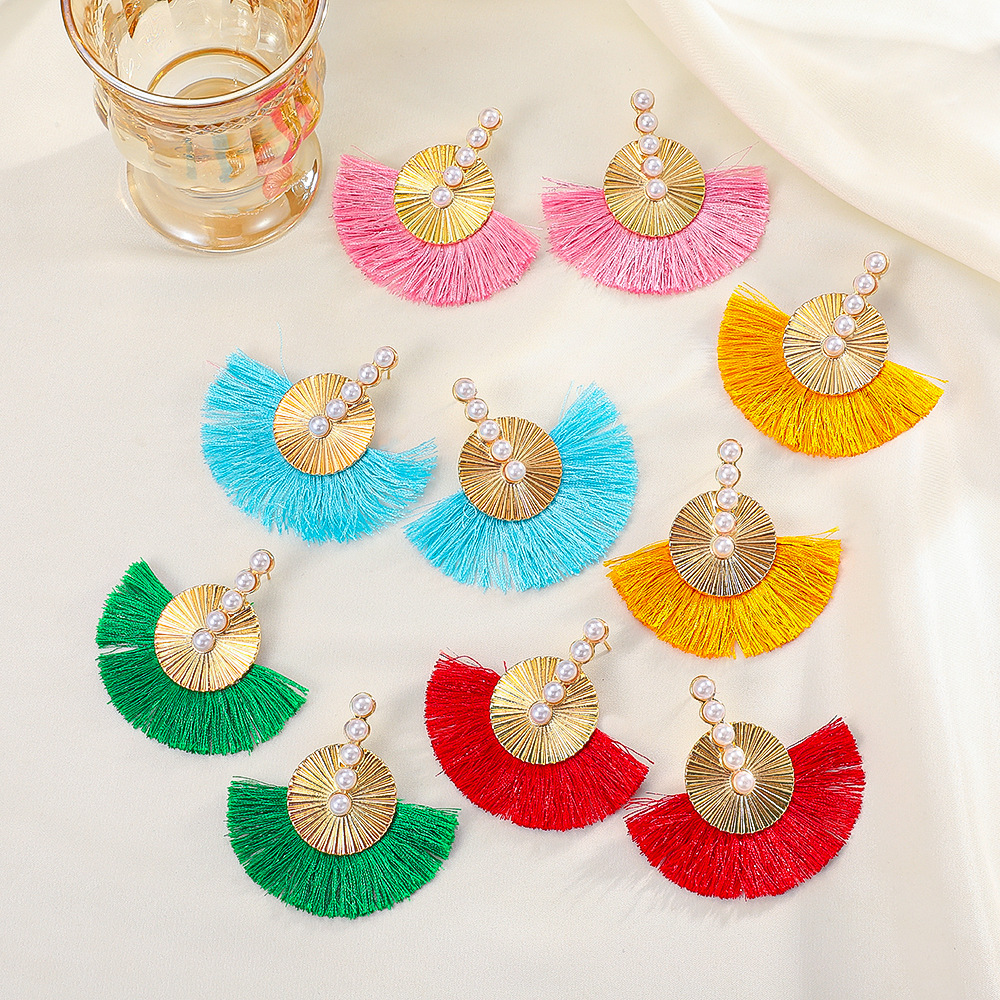New cross-border fan-shaped tassel earrings, retro and fashionable ethnic style, pearl exaggerated earrings, Bohemian earrings Specification drawing