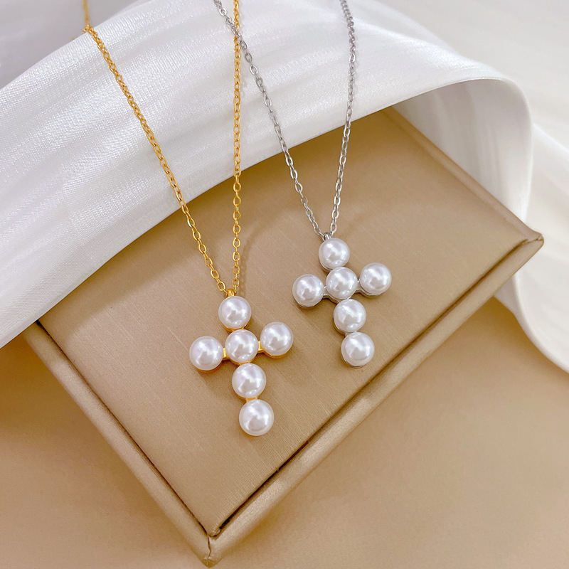 【 All-titanium Steel 】 Pearl cross minimalist style furnace, real gold necklace, female Instagram influencer collarbone chain accessory full figure