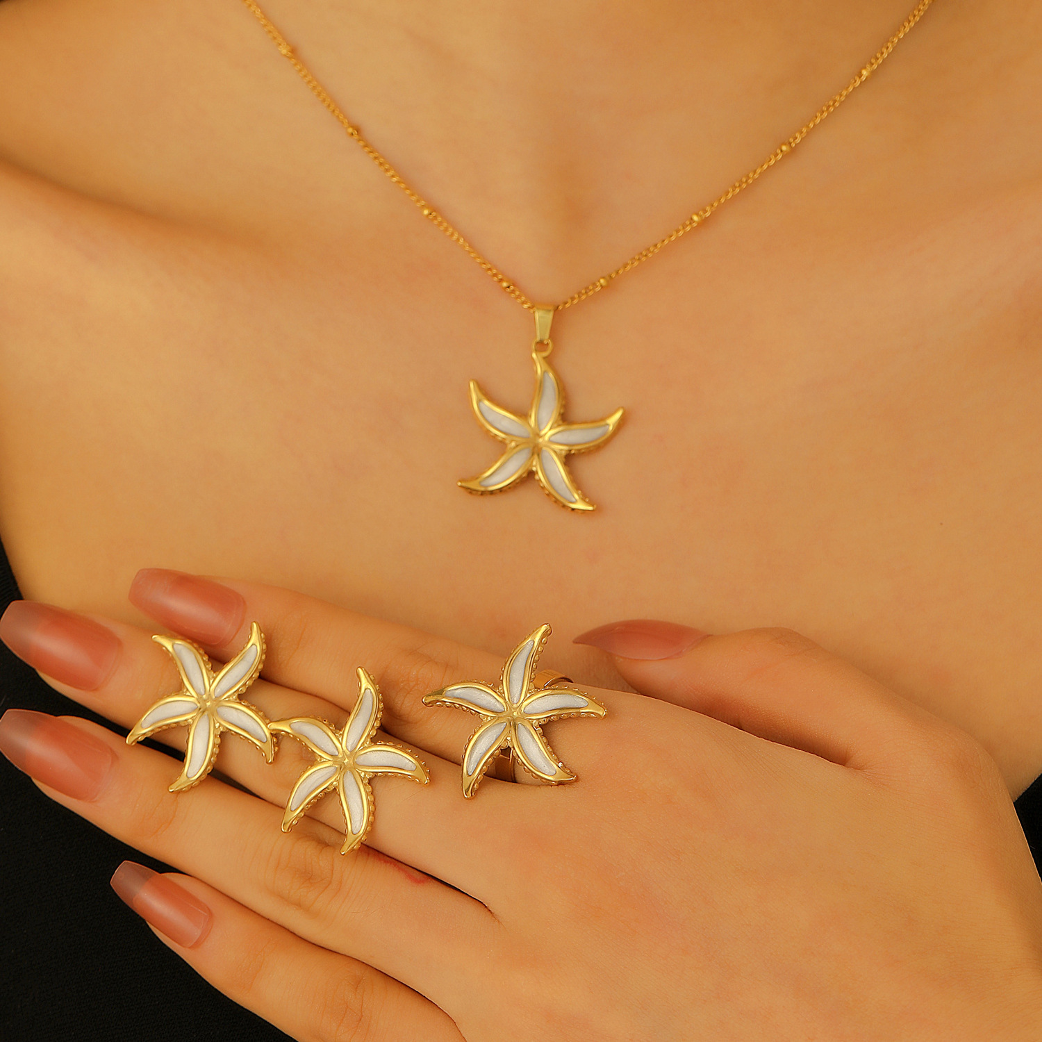 European and American cross-border ocean-style jewelry set for women, with a sense of high-end oil, starfish, conch and turtle stud necklace and ring Specification drawing