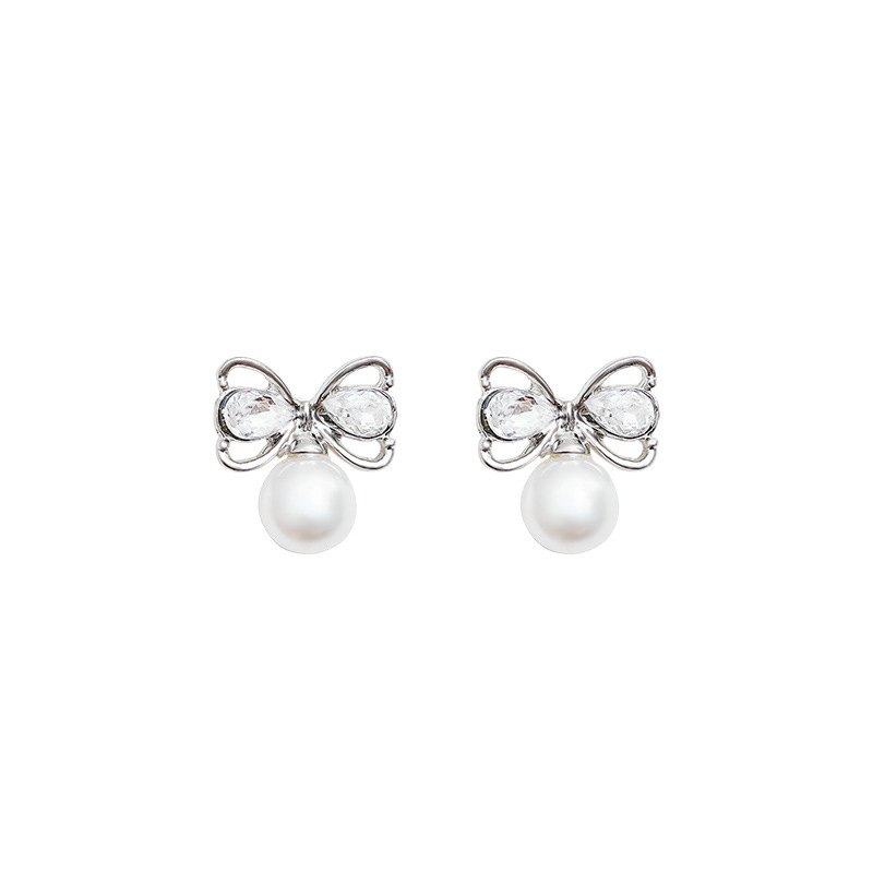 925 Silver Needle Exquisite Zircon Bow Pearl Stud Earrings for Women, new 2024 trendy, high-end and light luxury earrings Item Picture
