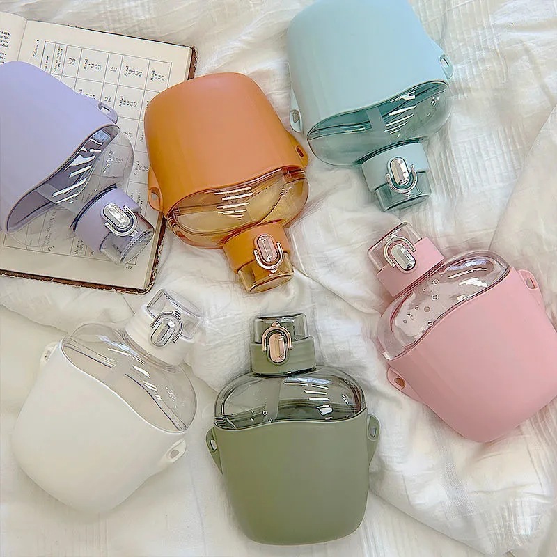 Simple plastic cup, Nordic style, fashionable pop-up lid, student water bottle with straw, cup sleeve, anti-drop, heat-insulating ins water cup details Picture