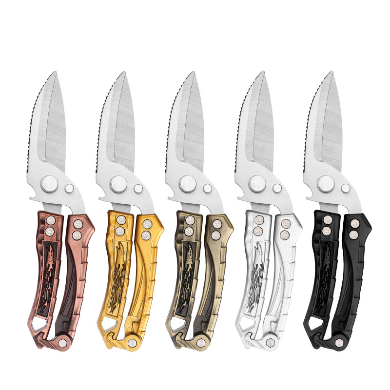 Stainless steel camping multi-functional scissors, powerful bone cutting, fish scale scraping, automatic rebound, detachable scissors, outdoor knives Item Picture