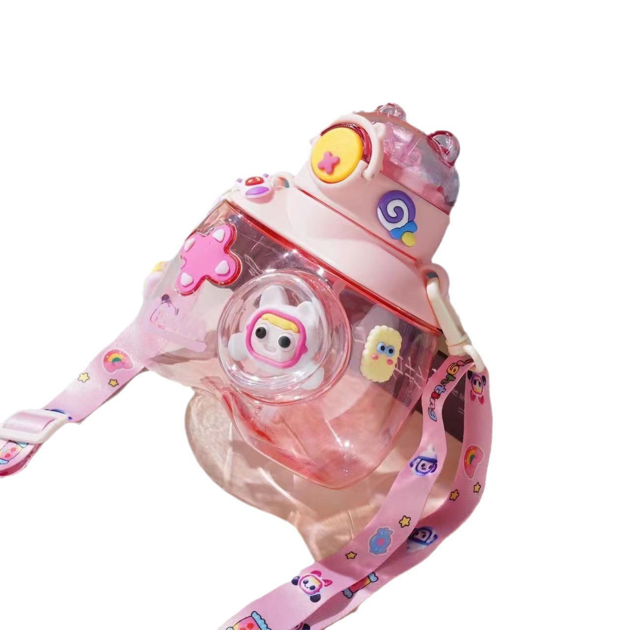 Children's cartoon water cups, high appearance level straw water cups for summer, portable plastic large-capacity and shock-resistant water bottle cups Item Picture