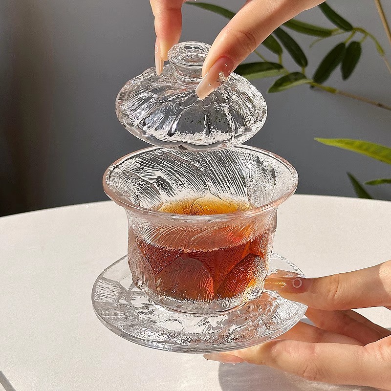 Retro black ice glass tea cups, Japanese tea set, light luxury home covered bowl, office tea brewing cup, kung Fu tea cup details Picture