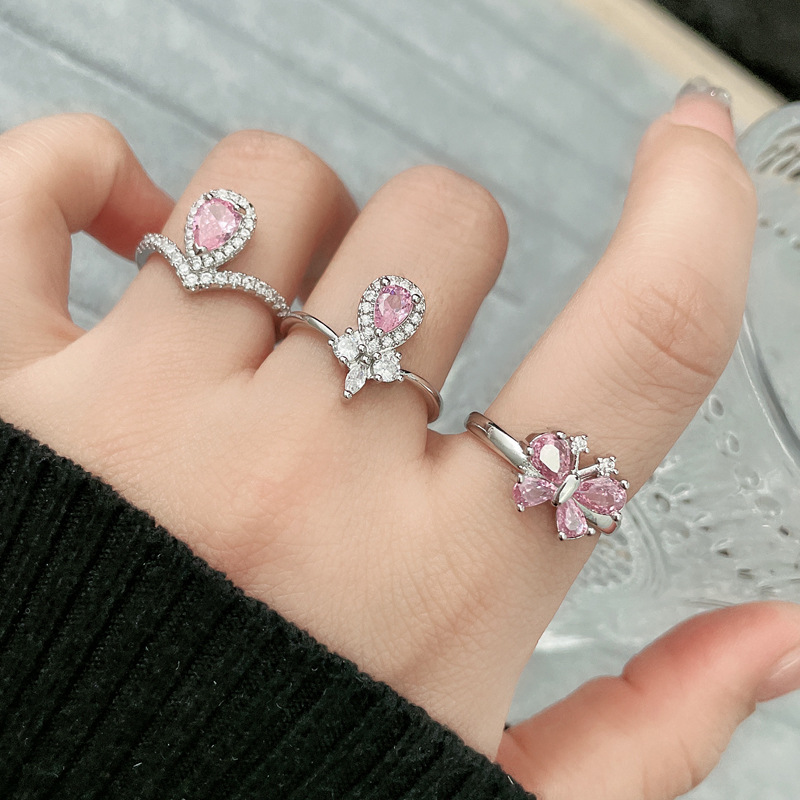 Princess-style, niche and sweet pink diamond crown butterfly opening ring, girlish charm, light luxury, layered and exquisite index finger ring Specification drawing