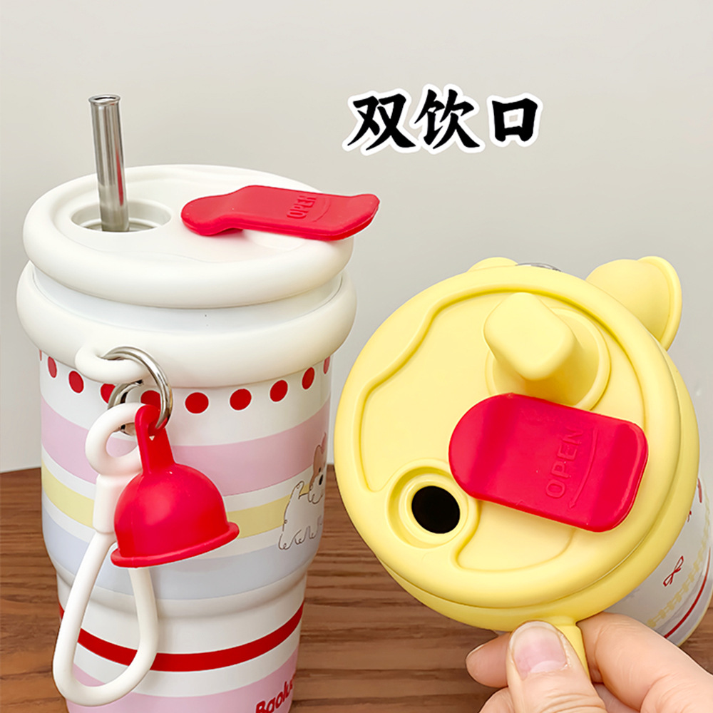 New cartoon handle water cup, women's desktop double-drinking coffee cup, portable ceramic inner liner, stainless steel insulated cup details Picture